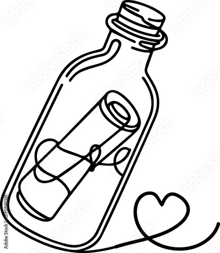 Love Letter in Bottle with Heart - Simple Line Art Illustration  