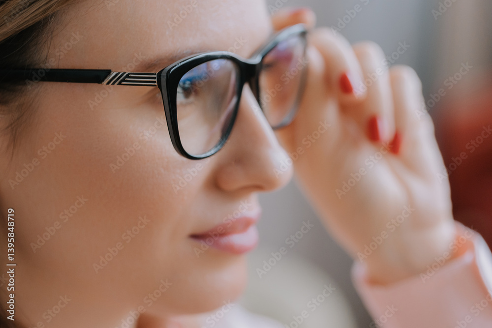 Woman adjusting glasses while looking thoughtfully out a window in a cozy indoor setting during daylight Woman adjusting glasses while looking thoughtfully out a window in a cozy indoor setting during daylight