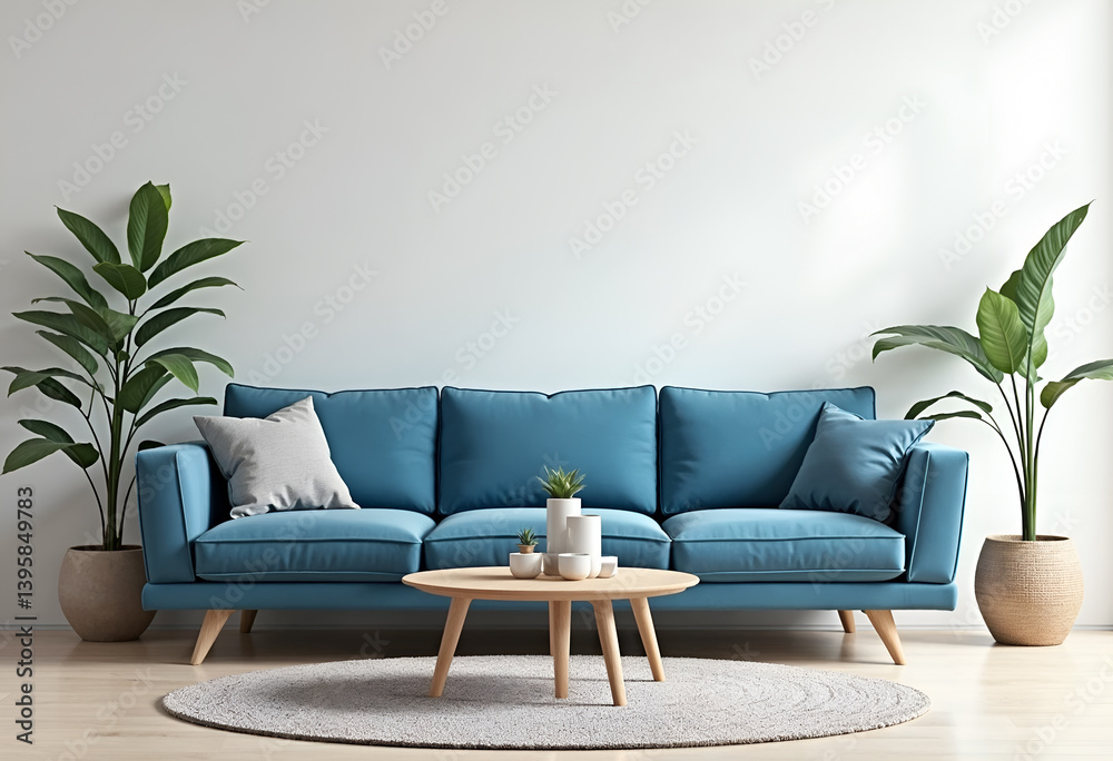Light Blue Sofa in Modern Home Interior Mockup