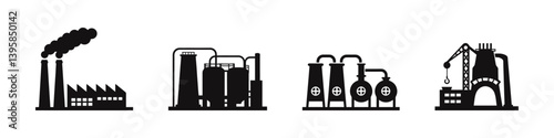 Industrial factory buildings icons set. Business manufacture station, chemical industrial construction.