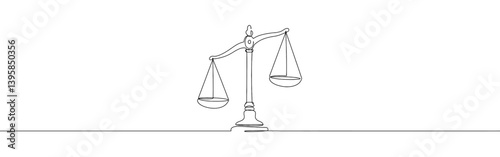 Scales of justice continuous one line drawing. Vintage scale, equilibrium, libra. Vector illustration.