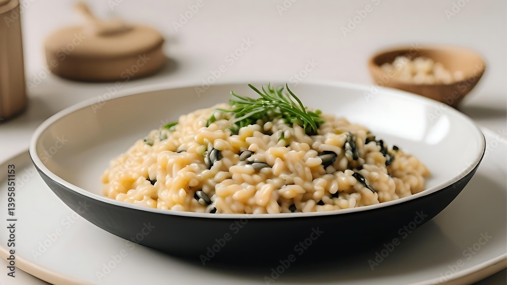 Creamy risotto with a sprinkle of fresh herbs, showcasing its texture and inviting aroma. A delightful culinary creation. Creamy risotto with a sprinkle of fresh herbs, showcasing its texture and inviting aroma. A delightful culinary creation.