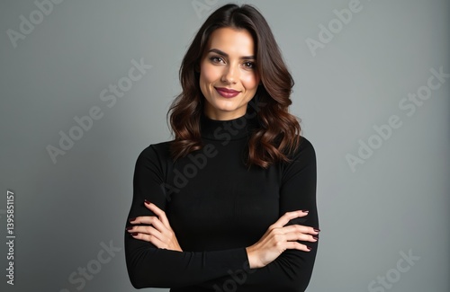 Studio portrait of beautiful brunette woman posing isolated grey background. Attractive female with brown hair smiling. Confident businesswoman in casual attire looking at camera with toothy smile.