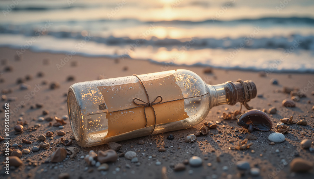 Love Letter in a Bottle on Sandy Beach at Sunset Love Letter in a Bottle on Sandy Beach at Sunset