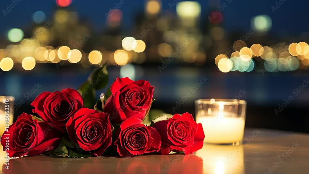 Romantic evening setting with red roses and candles against a city skyline illuminated at night Romantic evening setting with red roses and candles against a city skyline illuminated at night