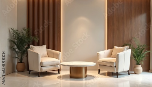 Modern clinic waiting area with comfortable seating. Luxury interior design, inviting ambiance. Empty space for reception, health services. Wellness, spa, relaxation area. Neutral colors, nobody.