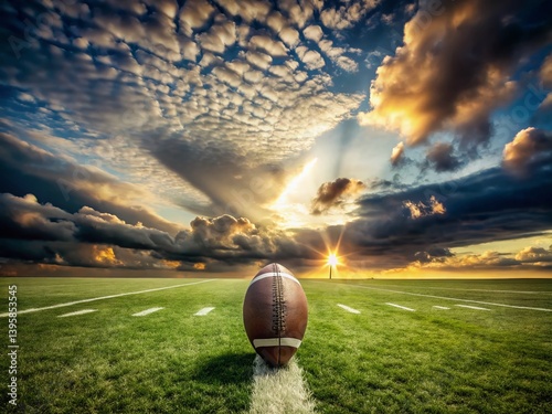Gridiron Glory: A Documentary Style Photograph of an American Football Field and Ball