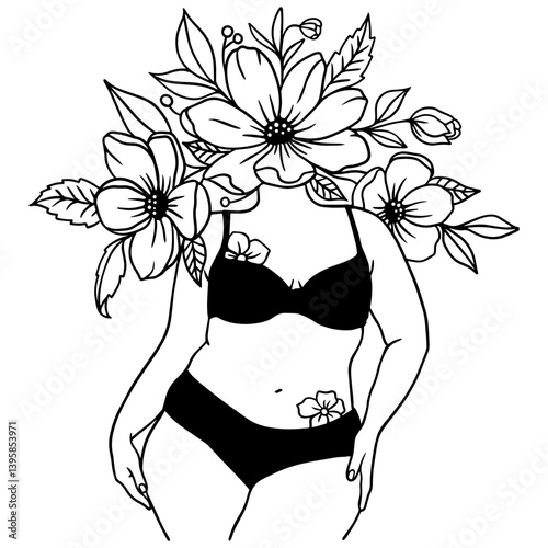 Curvy woman silhouette in underwear with blooming flowers as head. Feminine floral art