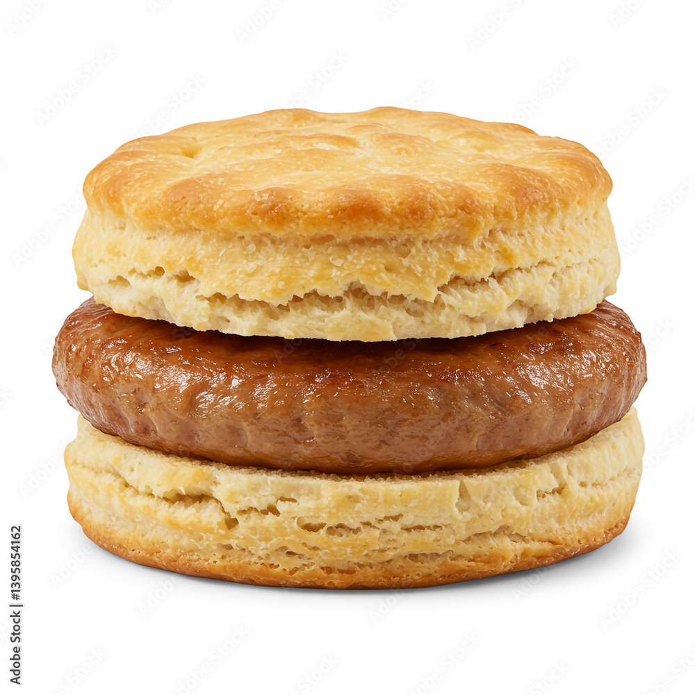 A savory sausage patty nestled between two golden-brown flaky biscuits, a simple yet satisfying breakfast treat. A savory sausage patty nestled between two golden-brown flaky biscuits, a simple yet satisfying breakfast treat.