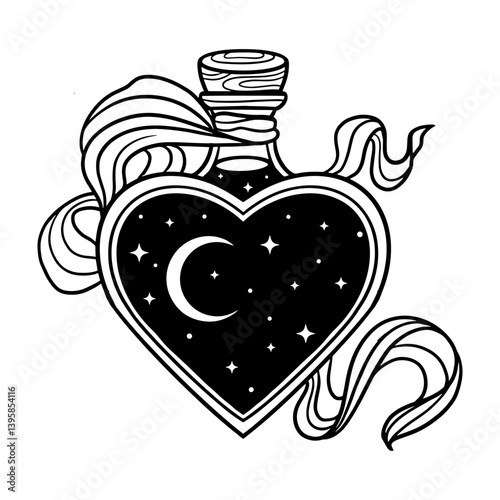 Vector illustration of a heart-shaped magic potion bottle with moon and stars inside, decorated with ribbons.