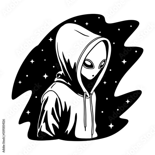 Stylized vector illustration of an alien wearing a hoodie, standing against a starry space background.