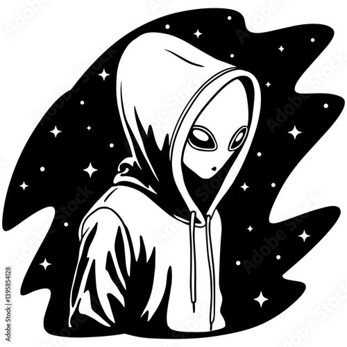Stylized vector illustration of an alien wearing a hoodie, standing against a starry space background.