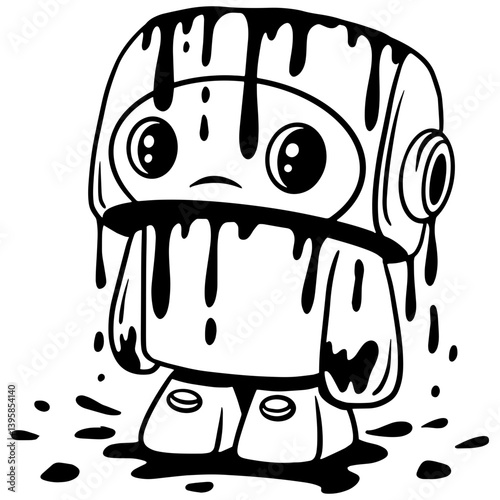 Sad cartoon robot covered in dripping black paint, standing in puddle with melancholy expression, black and white vector illustration.