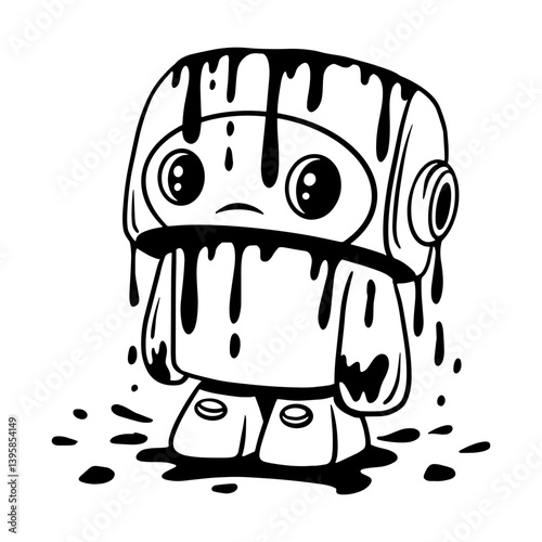 Sad cartoon robot covered in dripping black paint, standing in puddle with melancholy expression, black and white vector illustration.