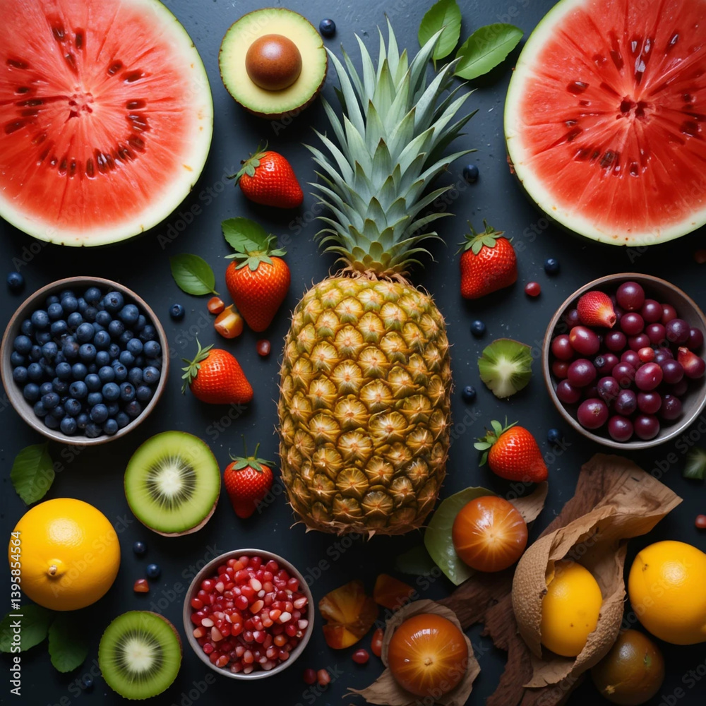 A fresh, sweet collection of citrus and tropical fruits including orange, kiwi, and pineapple A fresh, sweet collection of citrus and tropical fruits including orange, kiwi, and pineapple