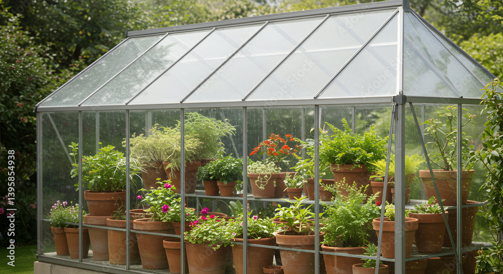 Fototapeta premium Picturesque Greenhouse Filled With Potted Plants On A Sunny Day Outdoors