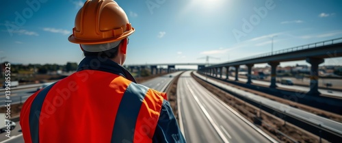 Rear view of engineer in hard hat and safety vest overseeing motorway construction under a blue sky, professional, worker