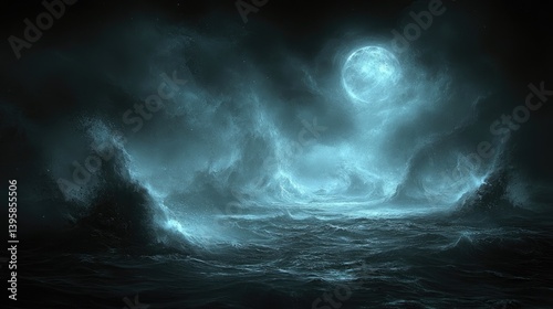 Vast, stormy sea under a luminous moon