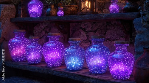 A magical potion shop, tucked away in a hidden alley, its wooden shelves lined with glowing vials and bubbling elixirs. The warm glow of lanterns and the scent of herbs and mystery fill the 