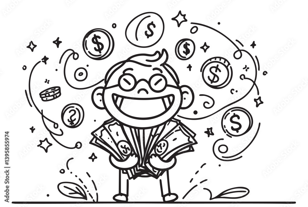 Fototapeta premium funny person with coin money. Vector illustration of a rich female stickman won money from the bank. Funny person isolated on white background