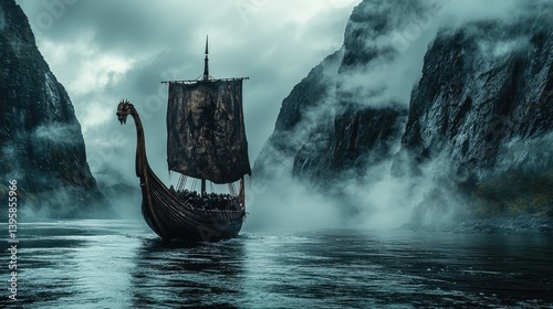 A majestic Viking longship, its dragon-headed prow cutting through the icy waters of a Nordic fjord, as warriors prepare for a legendary journey. The misty, rugged cliffs rise in the background, 
