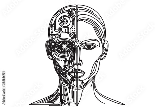 Synthetic Symphony: A Cybernetic Portrait of Technological Fusion. Line sketch futuristic portrait of human-cyborg hybrid