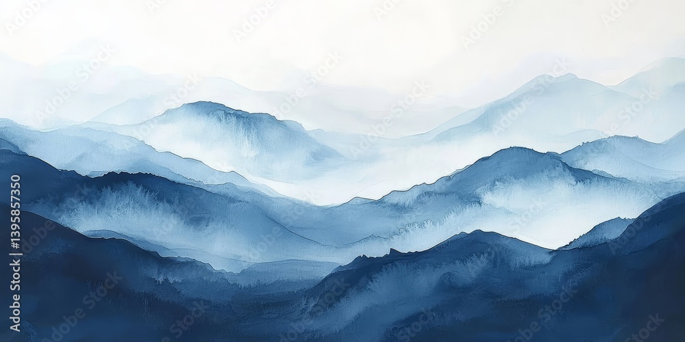 Serene blue mountain range in mist, abstract watercolor landscape painting. Serene blue mountain range in mist, abstract watercolor landscape painting.