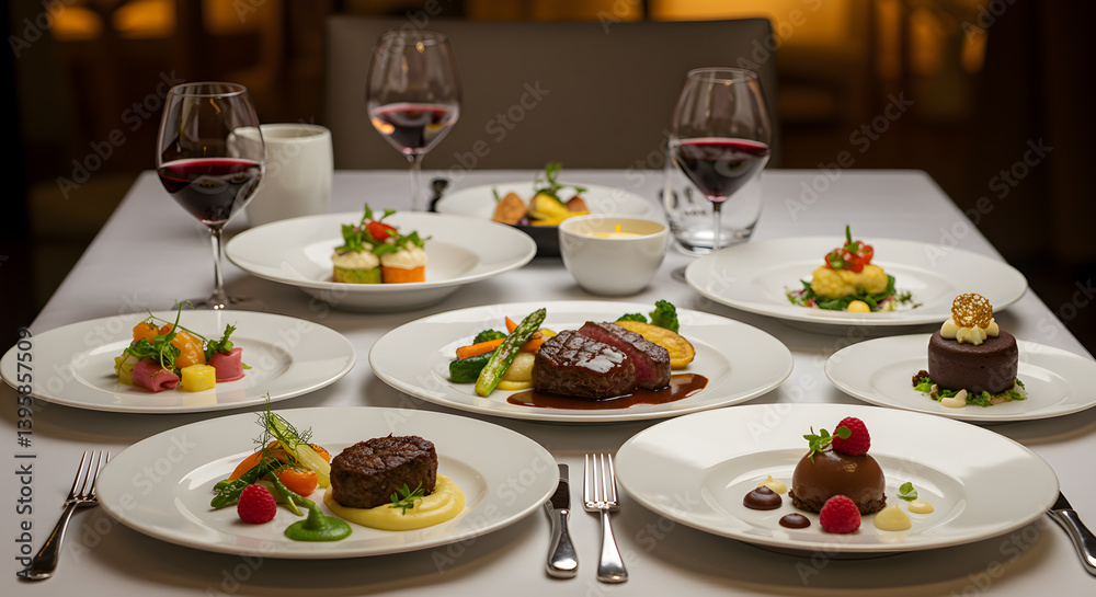 Exquisite Gourmet Dinner Featuring Multiple Courses Elegantly Plated Exquisite Gourmet Dinner Featuring Multiple Courses Elegantly Plated