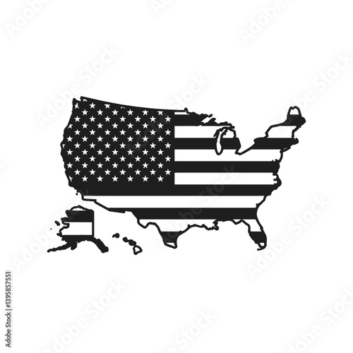 USA Map with Flag Icon in Black and White  