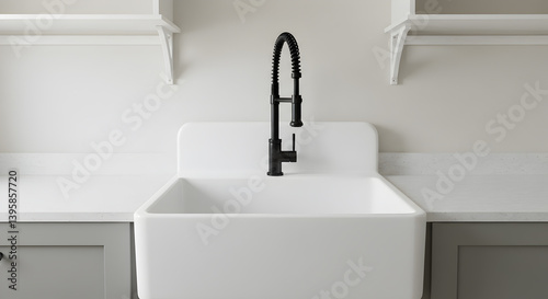 Stylish Farmhouse Sink with Black Fixtures in Modern Utility Room
