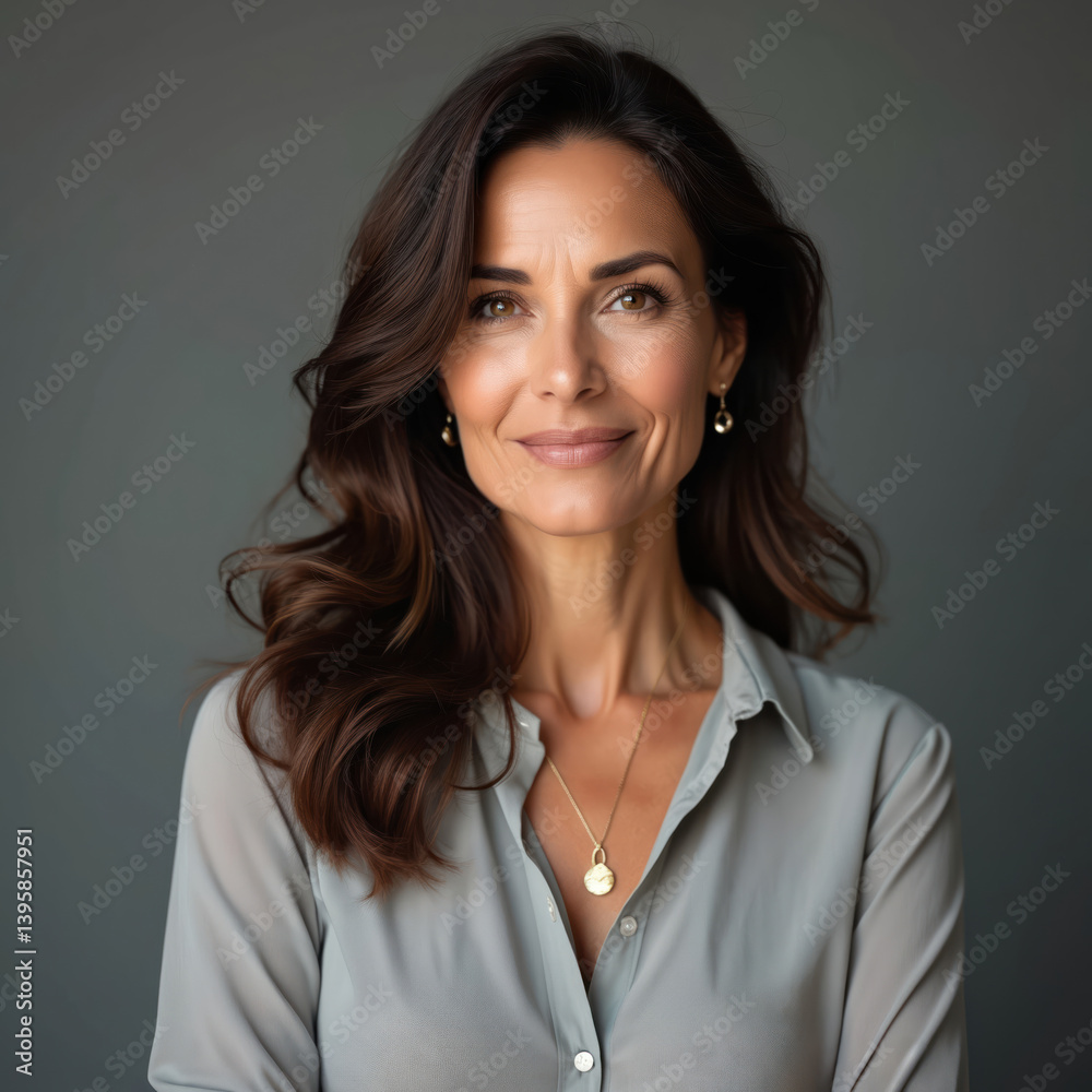 Portrait of 50-year-old brunette woman radiating confidence. Stunning beauty with gracefully styled hair expressive face. Elegant style, mature look, healthy skincare. Graceful poise, natural charm. Portrait of 50-year-old brunette woman radiating confidence. Stunning beauty with gracefully styled hair expressive face. Elegant style, mature look, healthy skincare. Graceful poise, natural charm.