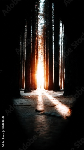 Ethereal Forest with Sunlight Filtering Through Tall Trees
