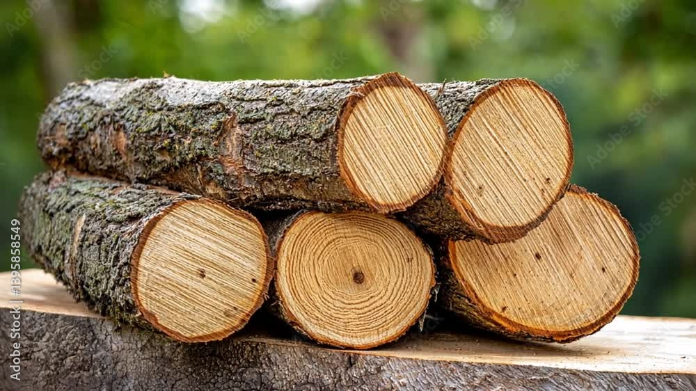 Stacked logs with visible tree rings resting on a wooden surface in a serene forest setting
