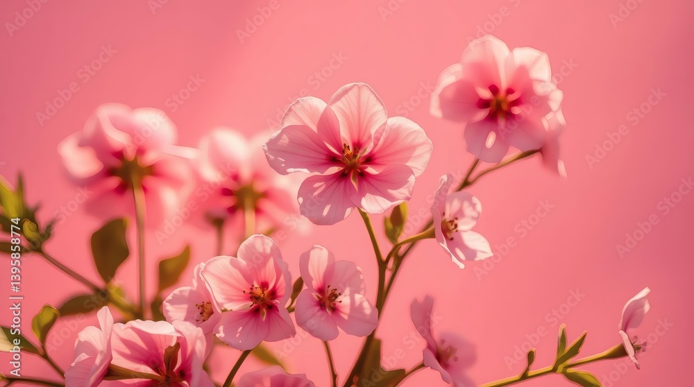 Fototapeta premium Blooming pink flowers against a soft pastel background in bright sunlight Generative AI