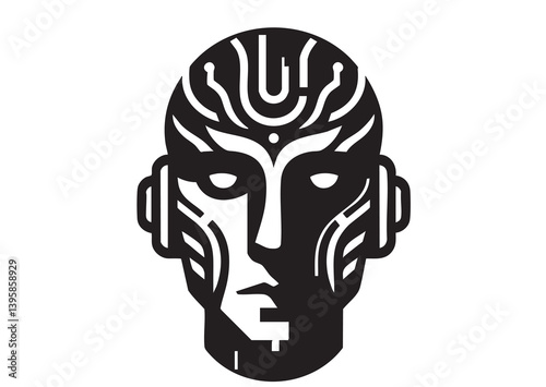AI artificial intelligence and digital technology brain data robot conceptual. humanoid face line art. Flat black