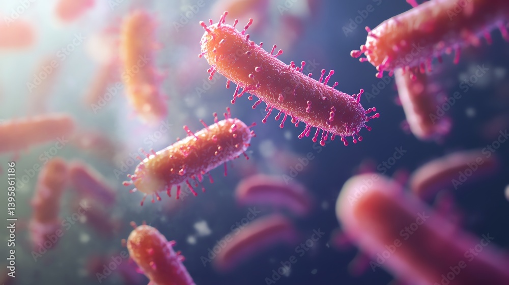 Fototapeta premium Detailed Microscopic View of Floating Rod-shaped Bacteria Cells with Hairlike Structures