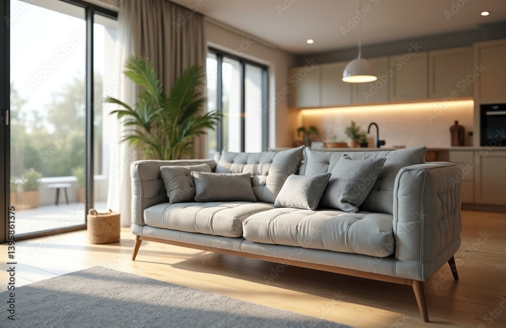 Fototapeta premium Cozy grey couch, modern living room interior design. Big window with wooden floor. Home decor includes grey carpet, plant, kitchen, stylish interior design elements.