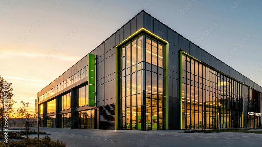 A modern building with large glass windows, featuring sleek lines and green accents, set against a vibrant sunset. A modern building with large glass windows, featuring sleek lines and green accents, set against a vibrant sunset.