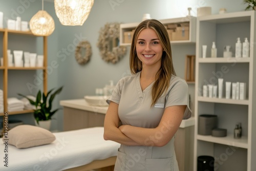Confident female healthcare professional in a wellness center setting, smiling with arms crossed, treatment room