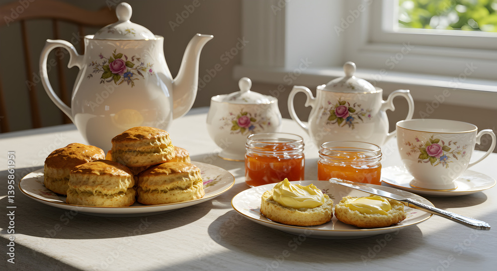 Elegant Afternoon Tea Setup with Scones and Preserves Still Life Elegant Afternoon Tea Setup with Scones and Preserves Still Life
