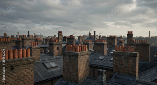 Atmospheric Victorian Rooftop Vista Featuring Chimneys and Dramatic Sky