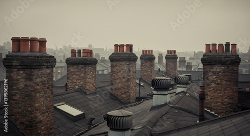 Victorian Rooftop View Of Chimneys On A Misty Day High Angle Shot