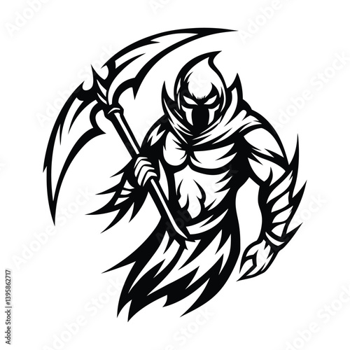 Grim Reaper Silhouette with Scythe, Hooded Death Figure Isolated on White Background