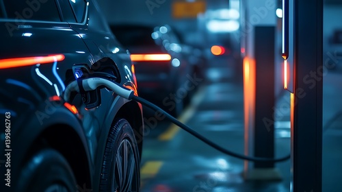 Dark electric car charging at station with blue and orange lighting in parking garage