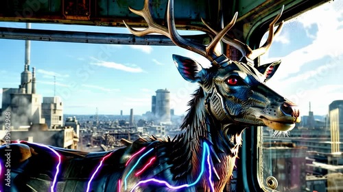 Cybernetic fighting deer with antlers. The body half consisting of metal elements is intertwined with neon.