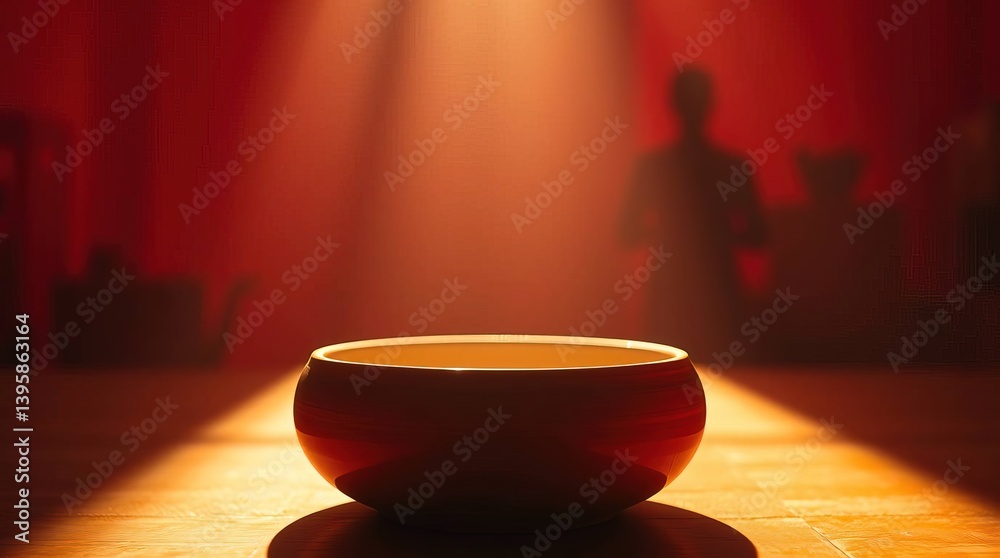A bowl on a stage with a spotlight and silhouettes in the background
