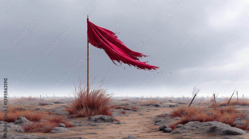 Fototapeta premium Tattered Red Flag in Desolate Landscape