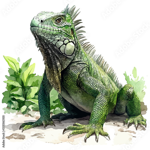 Fiji crested iguana, watercolor illustration, isolated on a white background.

