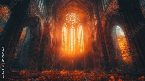 Autumn sunlight through gothic church ruins
