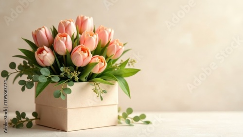A delicate arrangement of peach tulips nestled in an elegant box, adorned with lush greenery, creates a serene and sophisticated floral presentation.